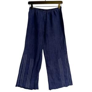 Nooshin Crop High Waist 100% Linen Pants Wide Leg Navy Blue - M